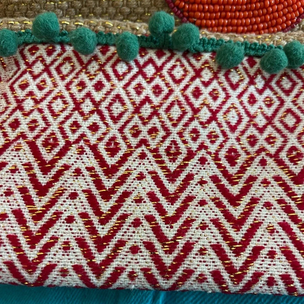 Chic Cherry Beaded Tote Bag with Bamboo Handles and Crossbody Strap
